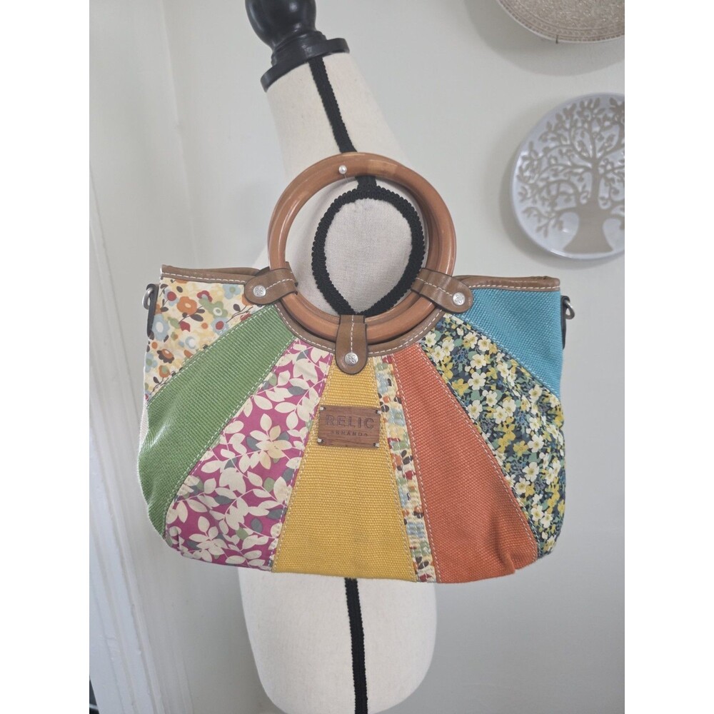 Vintage RELIC Brand Fabric Colorblock Purse Wooden Handles 11"x8"x4" VguC